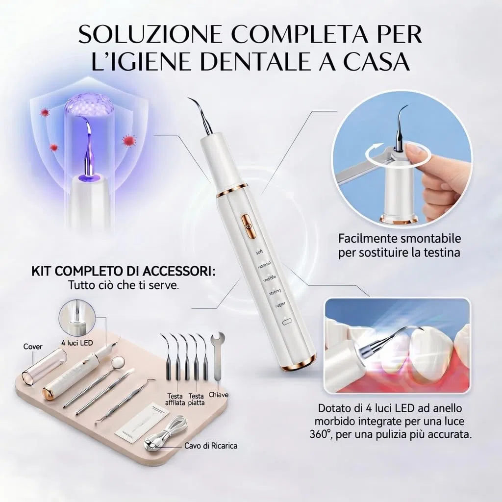 Kit Pulizia Denti Tartaro，Spazzolino Elettrico Ultrasuoni Intelligente con 5 Modalità Per Rimozione Placca e Macchie con 5 Testine Intercambiabili e Luci LED per Pulizia Tartaro Uso Quotidiano a Casa