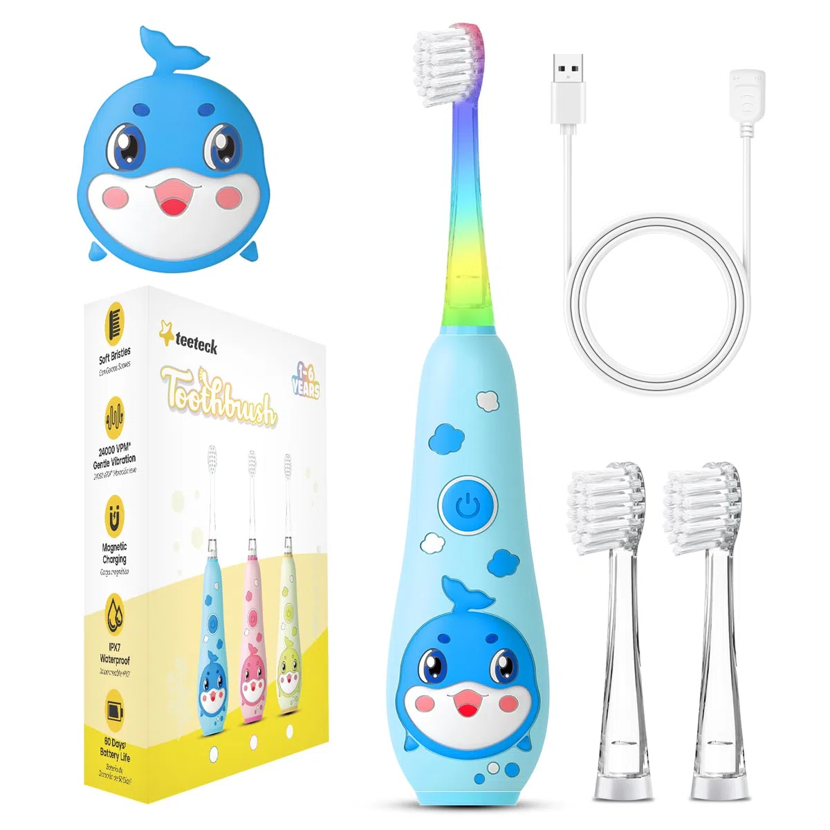 Teeteck Spazzolino da denti elettrico per bambini da 1 a 6 anni, con luce LED arcobaleno, 2 testine di spazzola, cavo di ricarica USB magnetico, impermeabile IPX7, SG2139, blu