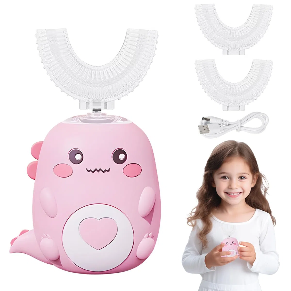 Spazzolino Elettrico Per Bambini A 360º, On 2 Testine In Silicone A Forma Di U, Luce Effetto Dinosauro, Per Bambini E Bambine Dai 2 Ai 8 Anni (Rosa)
