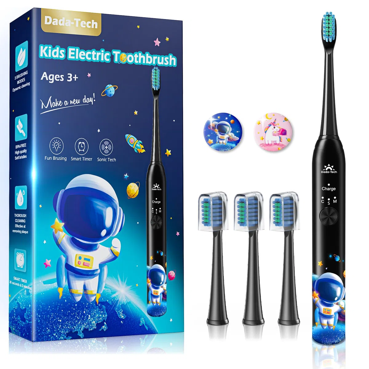 Spazzolino Elettrico Bambini 3-6-12-18 Anni Spazzolino Elettrico Bambina Bambino Bimbo Con Timer, Adesivi per Abitudini e 4 Testine Morbide (Astronauta Nero)