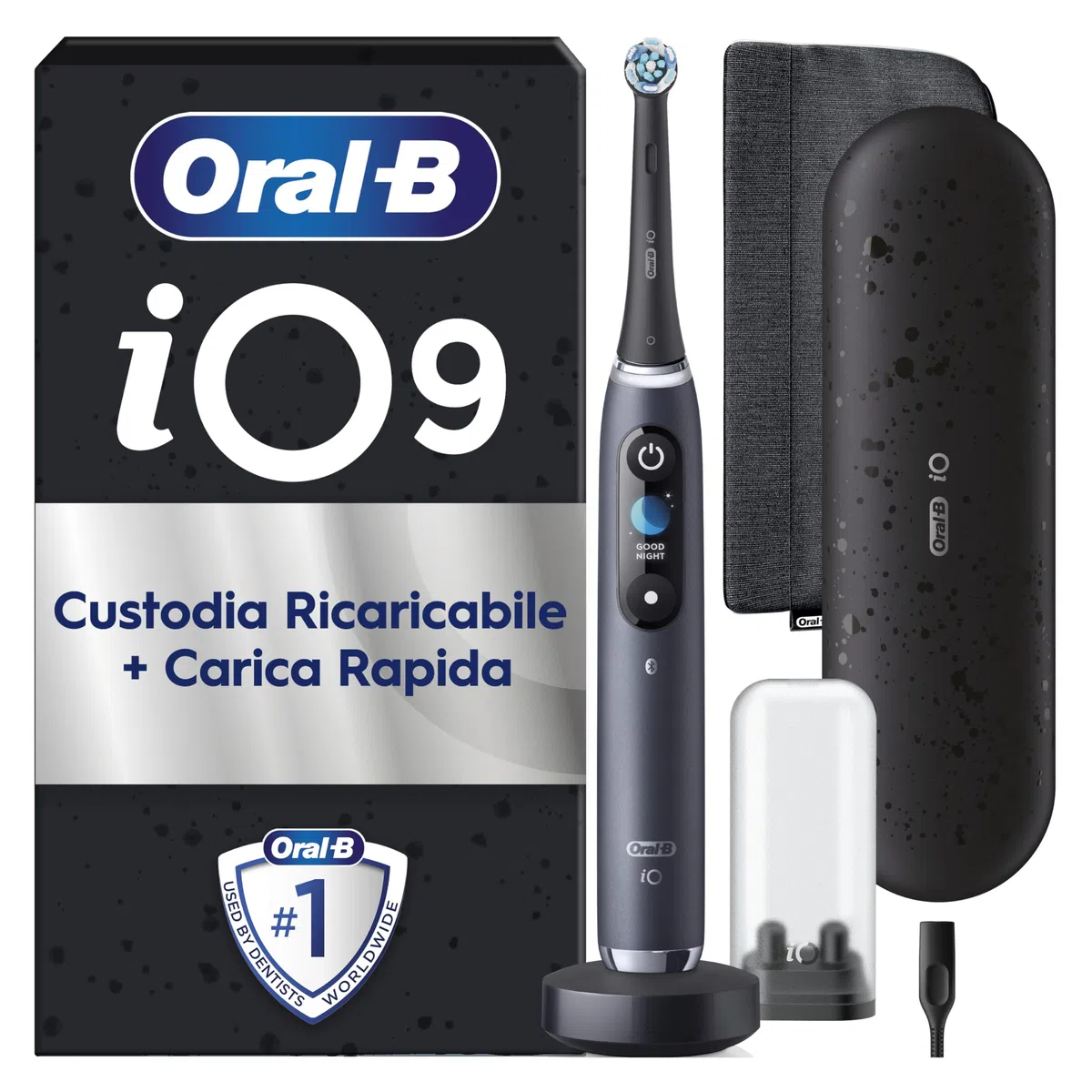 Oral-B Spazzolino Elettrico Ricaricabile iO 9 Nero Edizione Limitata, 1 Spazzolino elettrico, 1 Testine Oral B Di Ricambio, Custodia Da Viaggio, Astuccio Magnetico, Per Una Pulizia Denti Efficace