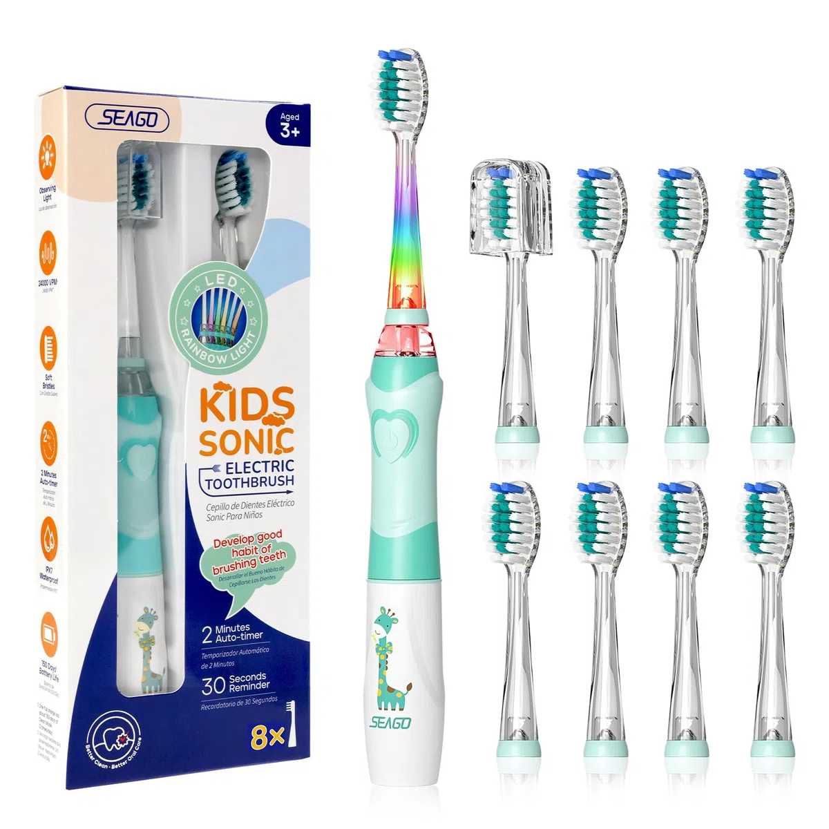 Seago Spazzolino Elettrico Bambini 3-12 Anni Spazzolino Bambini Spazzolini Elettrici Con 8 Testine Spazzolino Elettrico Luce LED Colorata e Osservante 4 Modalità Timer Intelligente SG-977, Verde