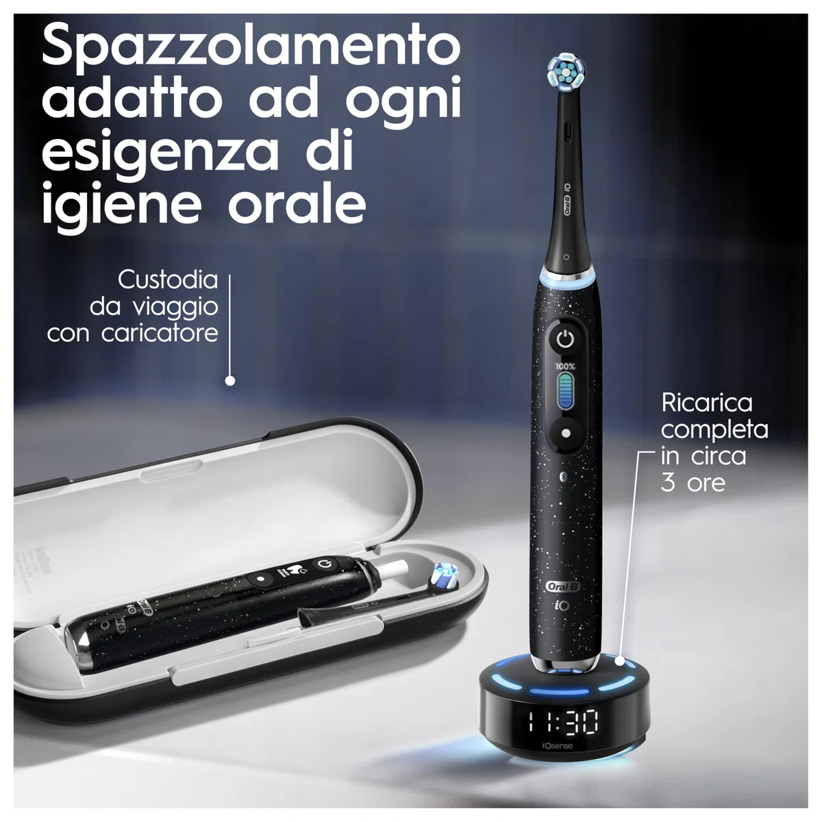 Oral-B Spazzolino Elettrico Ricaricabile iO 10 Nero, 3 Testine Oral B, Spazzolino Elettrico, 1 Custodia Da Viaggio Ricaricabile, Pulizia Denti Efficace