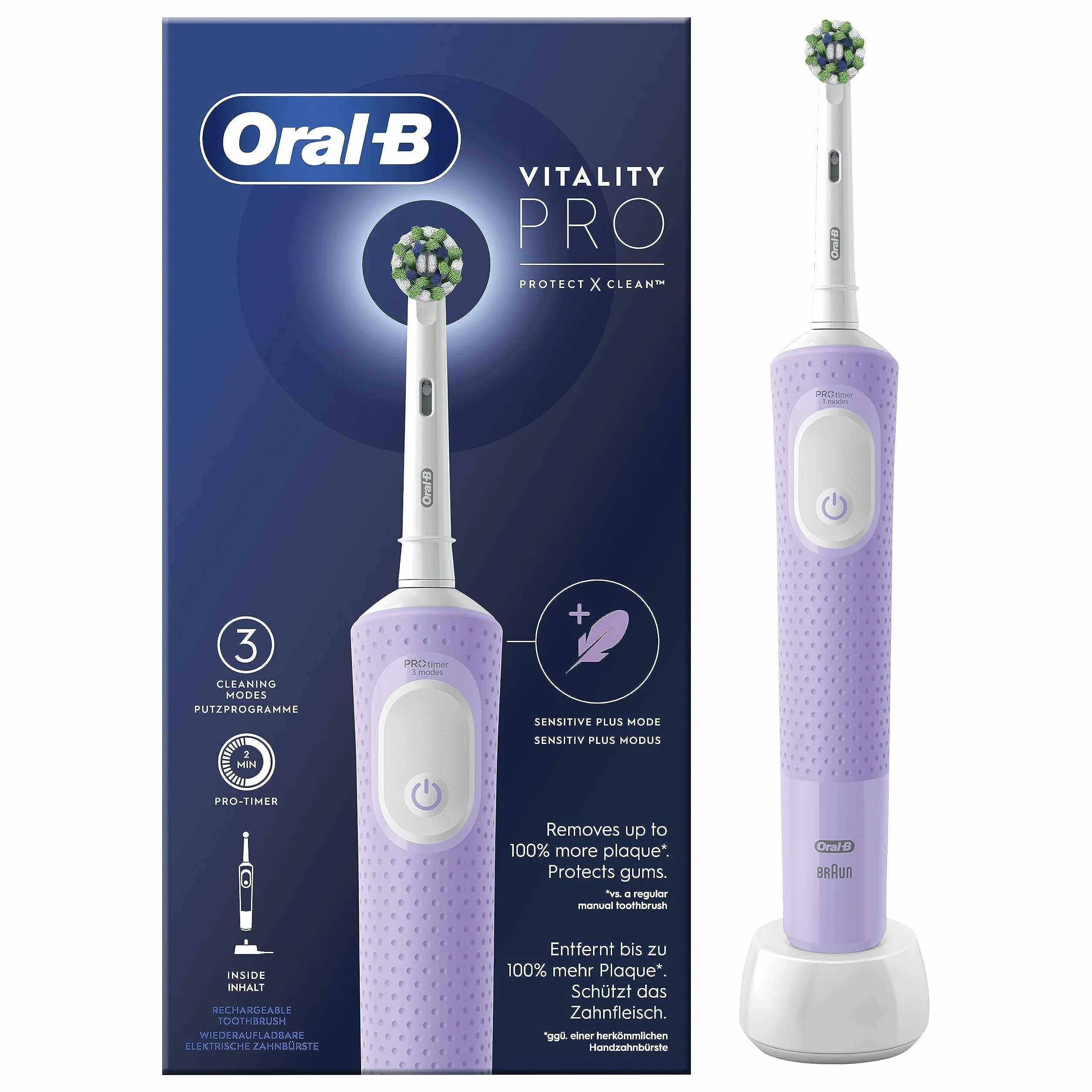 Oral-B Spazzolino Elettrico Ricaricabile Vitality Pro, 3 Modalità di Spazzolamento, Batteria a Lunga Durata, 1 Testina e 1 Spazzolino, Viola, Idea Regalo