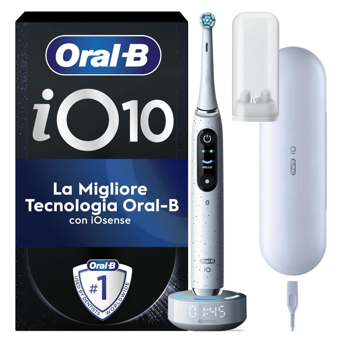 Oral-B Spazzolino Elettrico Ricaricabile iO 10 Bianco, 1 Spazzolino Elettrico, 1 Testine di Ricambio, Custodia Da Viaggio Ricaricabile, iO 10, Pulizia Denti, Sensore di Pressione, Gengive Protette