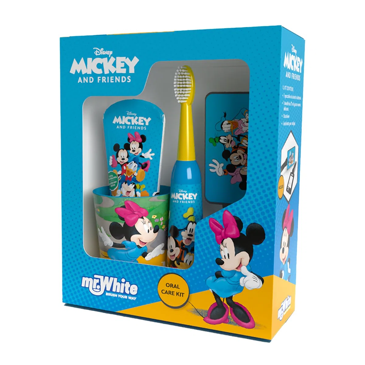 Disney Minnie Mouse and Friends - Kit regalo per bambini con spazzolino elettrico alimentato a batteria con setole morbide, dentifricio al sapore di menta, bicchiere multiuso e etichetta per bagagli