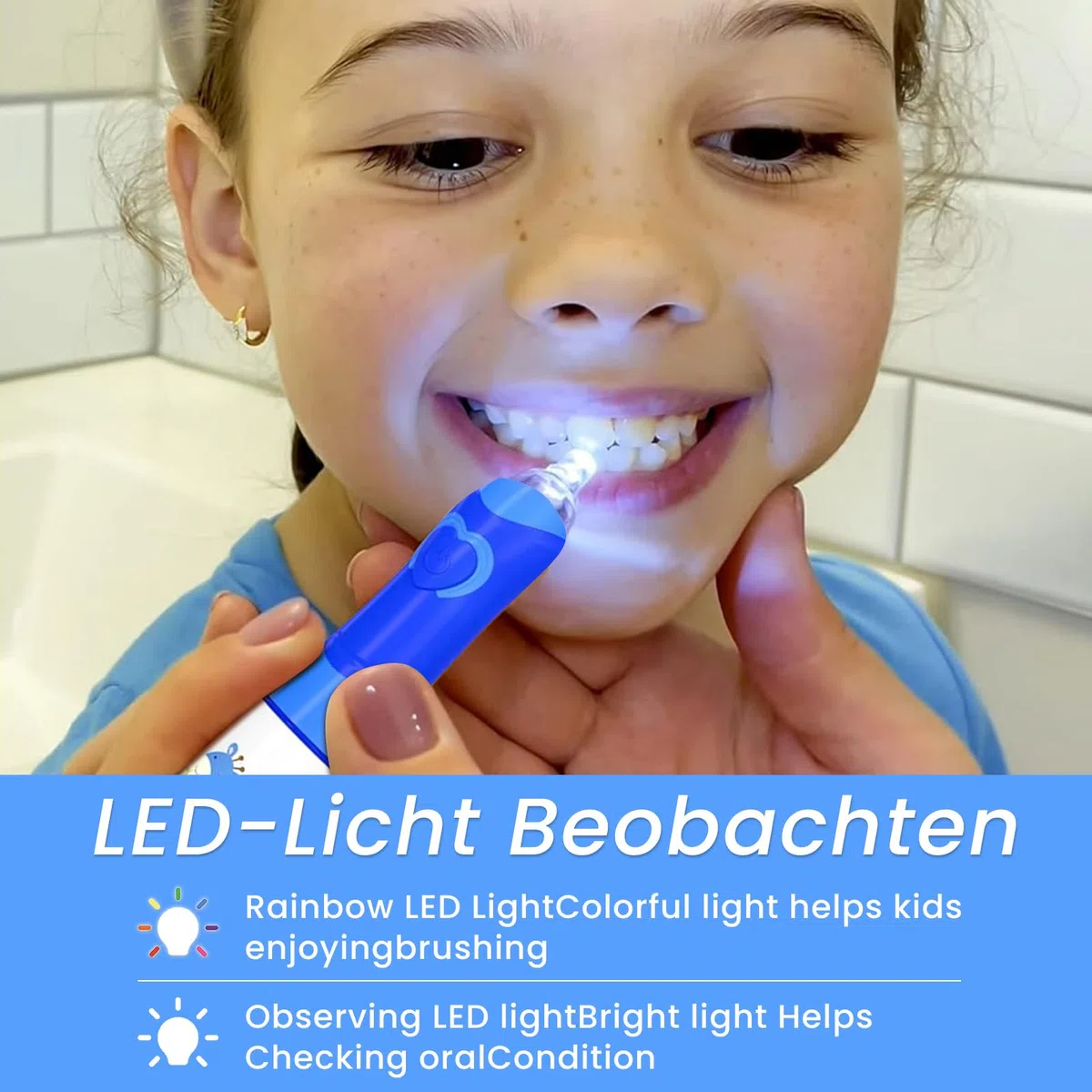 Seago Spazzolino elettrico per bambini dai 3 ai 12 anni di età, spazzolino elettrico con luce colorata, Smart Timer 8 testine morbide, impermeabile, spazzolino sonico per bambini, SG977 (blu-8)