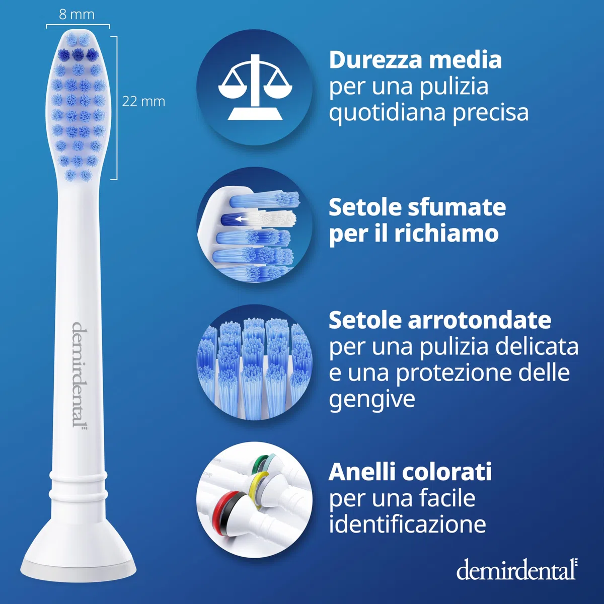 8 testine demirdental adatte per testine di ricambio Philips Sonicare ProResults Medium per una pulizia quotidiana precisa dei denti, bianco, equivalente a HX6018