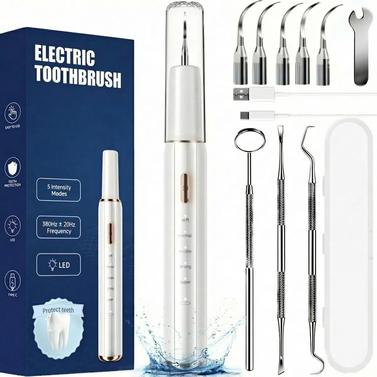 Kit Pulizia Denti Tartaro，Spazzolino Elettrico Ultrasuoni Intelligente con 5 Modalità Per Rimozione Placca e Macchie con 5 Testine Intercambiabili e Luci LED per Pulizia Tartaro Uso Quotidiano a Casa
