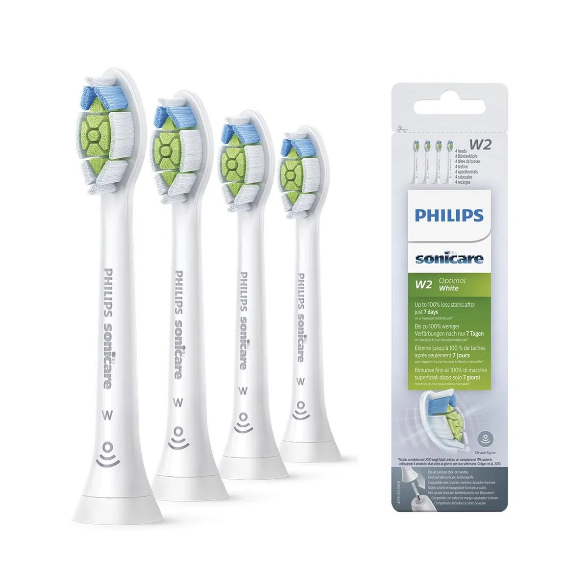 Philips Sonicare HX6064/10, Pack da 4 Testine di Ricambio W2 Optimal White Standard per Spazzolino Elettrico Sonico, con RFID, Per Denti Bianchi, Bianco