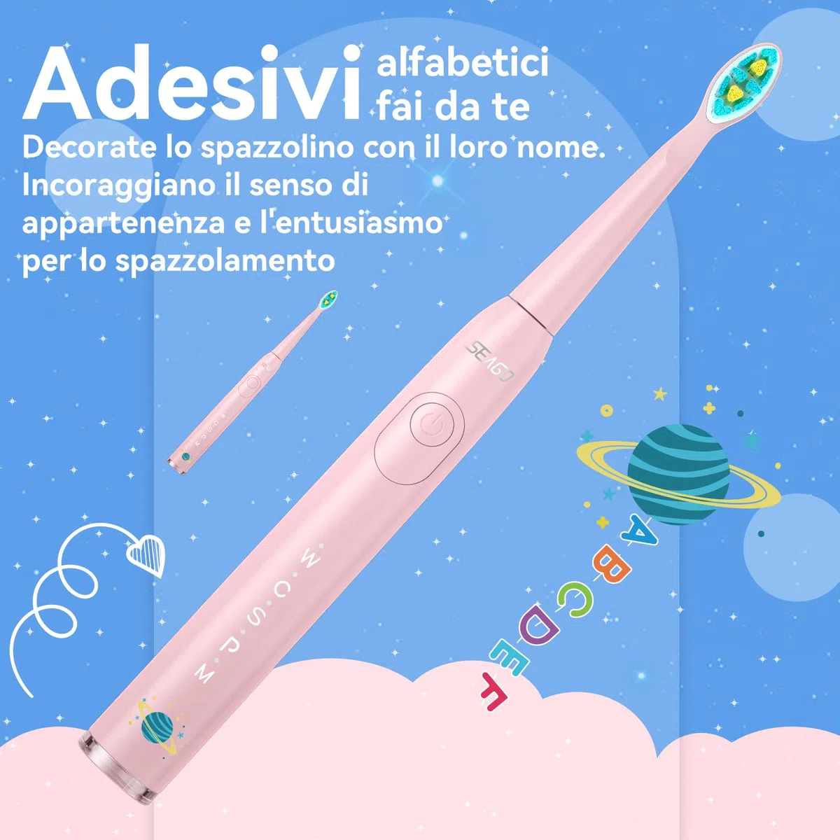 Seago Spazzolino Elettrico Bambini 6-12 Anni, Spazzolini Elettrici per Con Adesivi Fai Da Te Divertenti, Timer Da 2 Minuti, 8 Testine Spazzolino Bambini,Impermeabile IPX7 SG-2303 (Rosa)