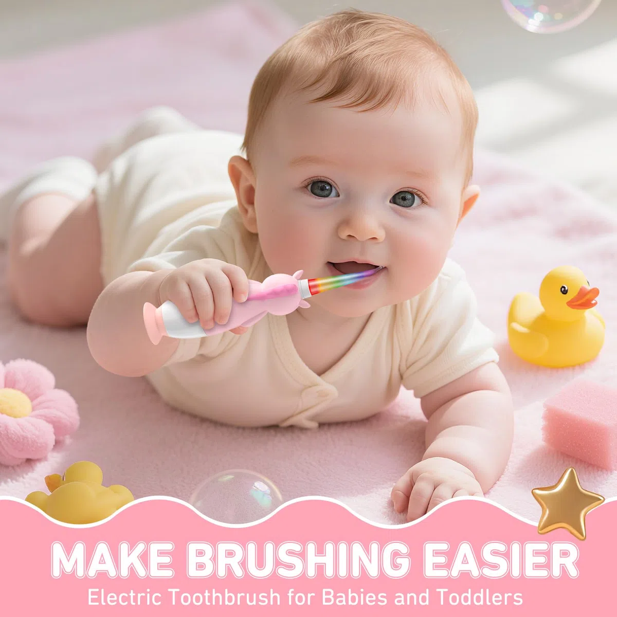 YUNCHI Spazzolino elettrico per bambini 0-3-6 anni, spazzolino elettrico per bambini con luce LED colorata, alimentato a batteria, con timer di 2 minuti, 4 testine, spazzolino da denti per neonati