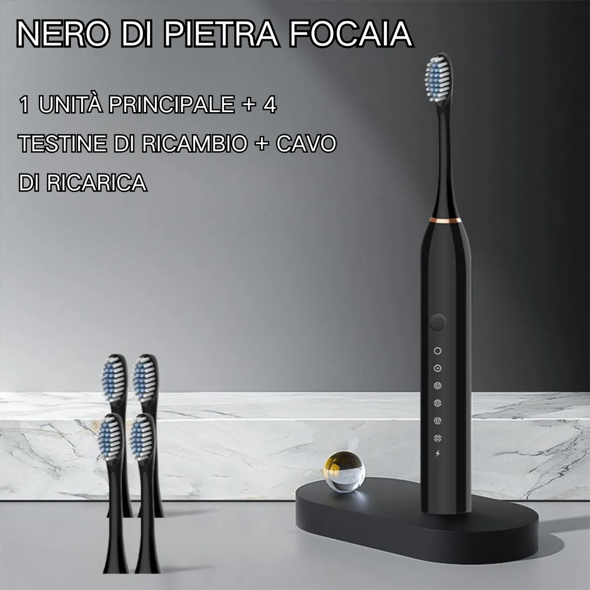 Spazzolino Elettrico Sonico per Adulti, 4 Testine 6 Modalità, Spazzolino Sonico Denti per Adulti, Spazzolini Elettrici, Spazzolino Electrico Ricarica Rapida Portatile, IPX7 Impermeabile, Nero