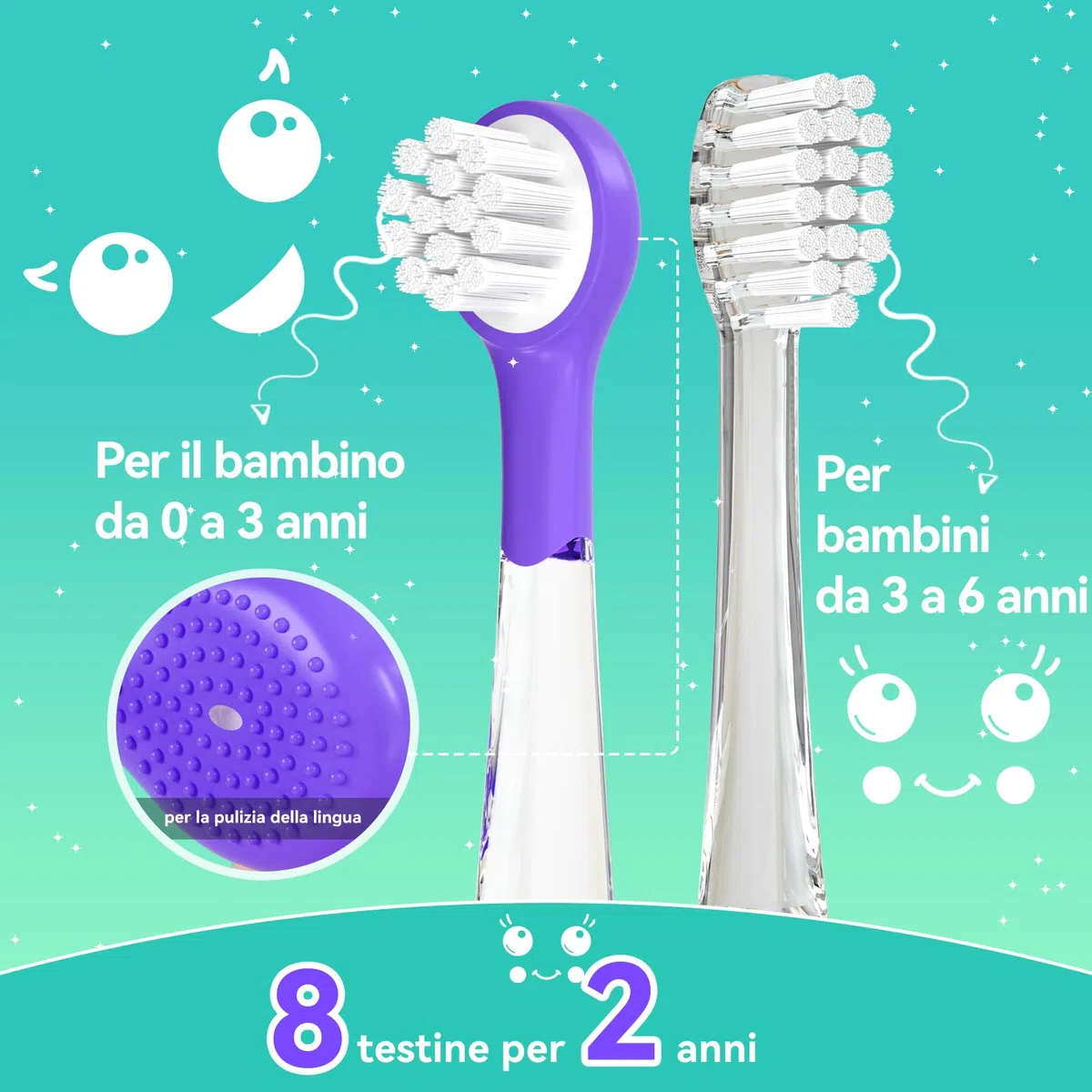 Spazzolino Elettrico Bambini Spazzolino Denti Elettrico Spazzolini Elettrici Spazzolino Bambini 0-6 Anni Spazzolino Da Viaggio Con 8 Testine Per, Luce LED, modello balena SG-2139,Viola