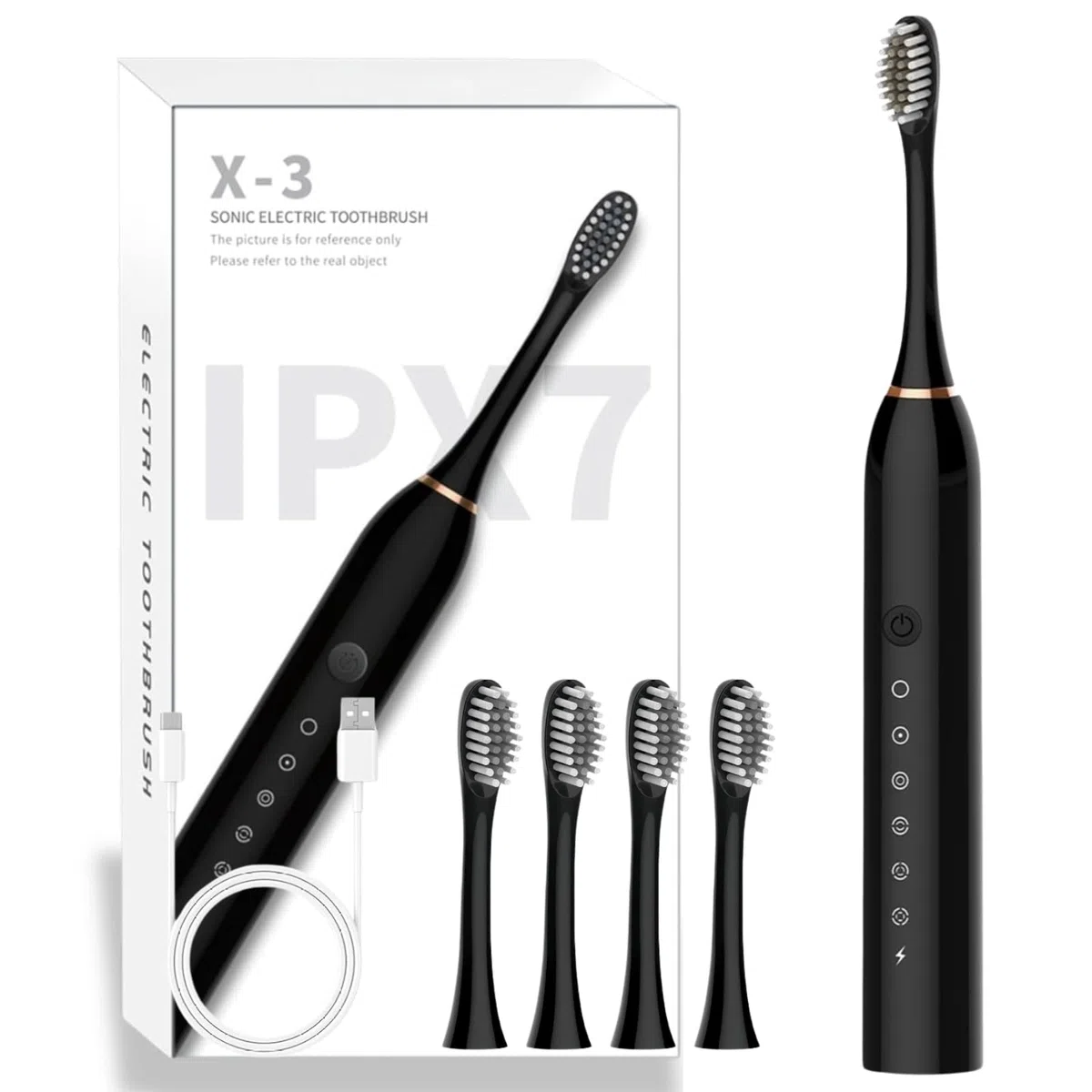 Spazzolino Elettrico Sonico per Adulti, 4 Testine 6 Modalità, Spazzolino Sonico Denti per Adulti, Spazzolini Elettrici, Spazzolino Electrico Ricarica Rapida Portatile, IPX7 Impermeabile, Nero