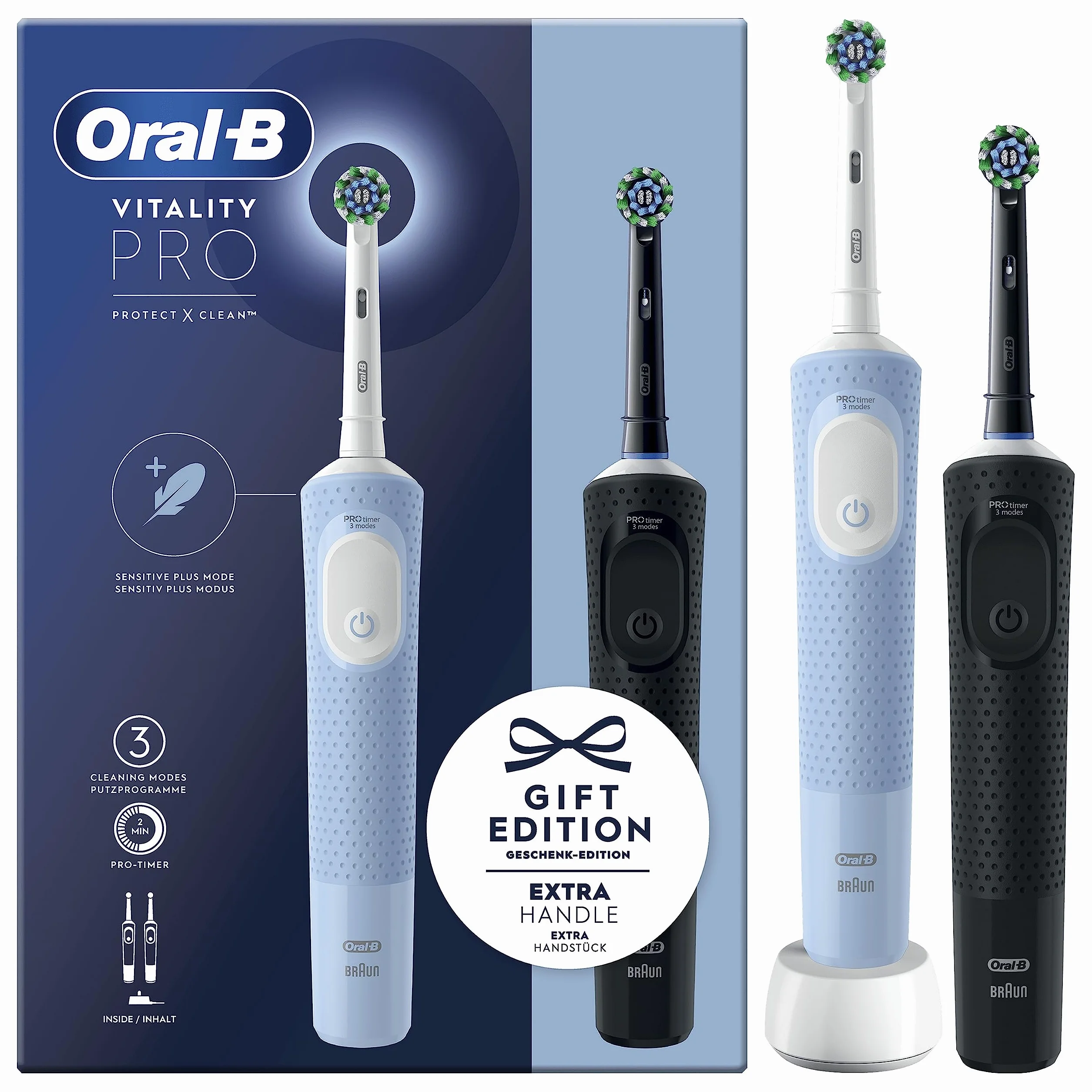 Oral-B Spazzolino Elettrico Ricaricabile Vitality Pro Nero e Blu, 2 testine. Confezione da 2 Spazzolini
