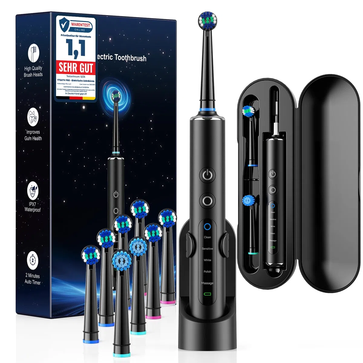 Spazzolino Elettrico Rotante per Adulti e Bambini con 3 Intensità e 5 Modalità, Electric Toothbrush con 8 Testine, Custodia da Viaggio, Impermeabile IPX7, Batteria con Autonomia di 120 Giorni (Nero)