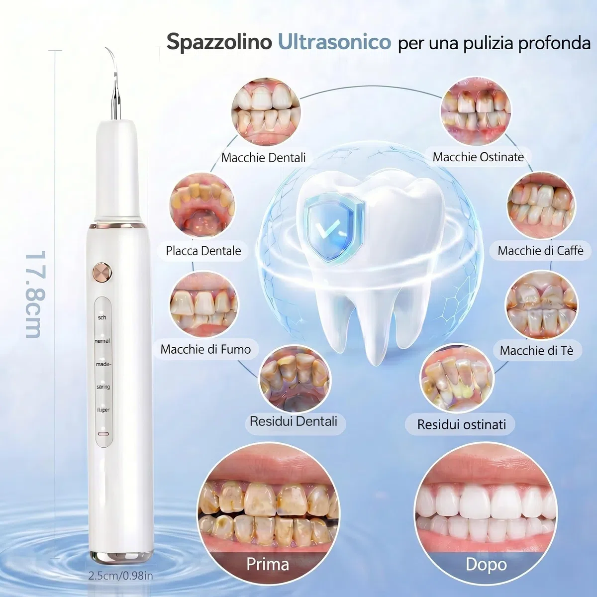 Kit Pulizia Denti Tartaro，Spazzolino Elettrico Ultrasuoni con 5 Modalità Per Rimozione Placca Macchie con 5 Testine Intercambiabili e Luci LED Set da 13 Pezzi per Pulizia Tartaro Uso Quotidiano a Casa