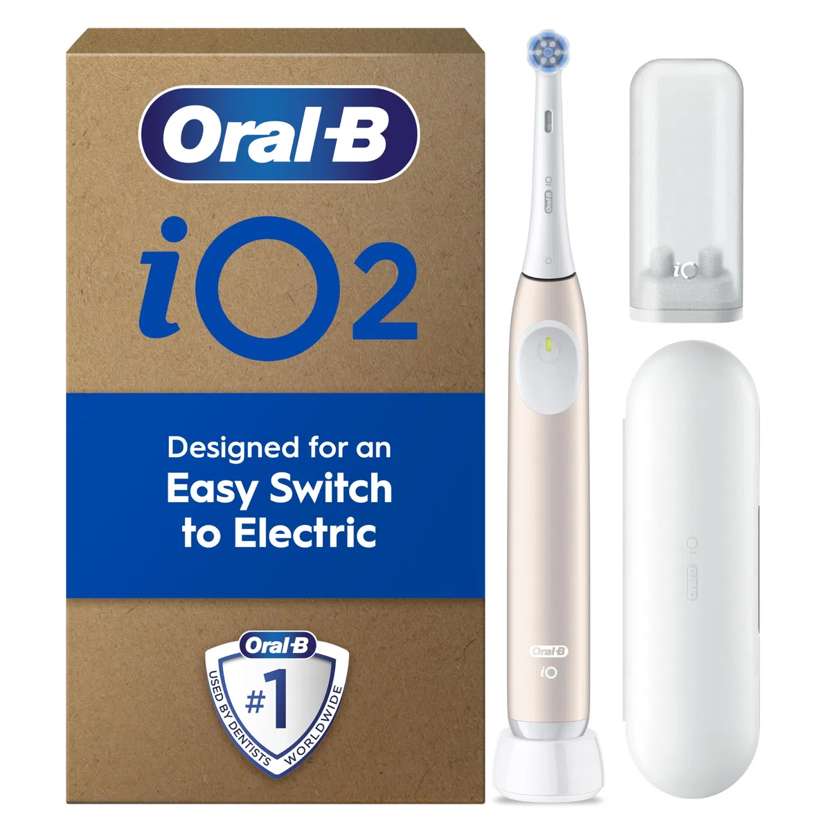 Oral-B iO2 Spazzolino elettrico, 1 testina per spazzolino delicato, 1 custodia da viaggio, 1 porta ricarica da viaggio, spazzolino da denti per adulti (rosa calmo), progettato da Braun