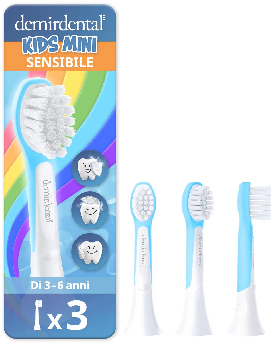 demirdental testine per Philips Sonicare Kids, Compact Mini per denti da latte, bambini da 3 a 6 anni, corrisponde a HX6033, Azzurro, set da 3