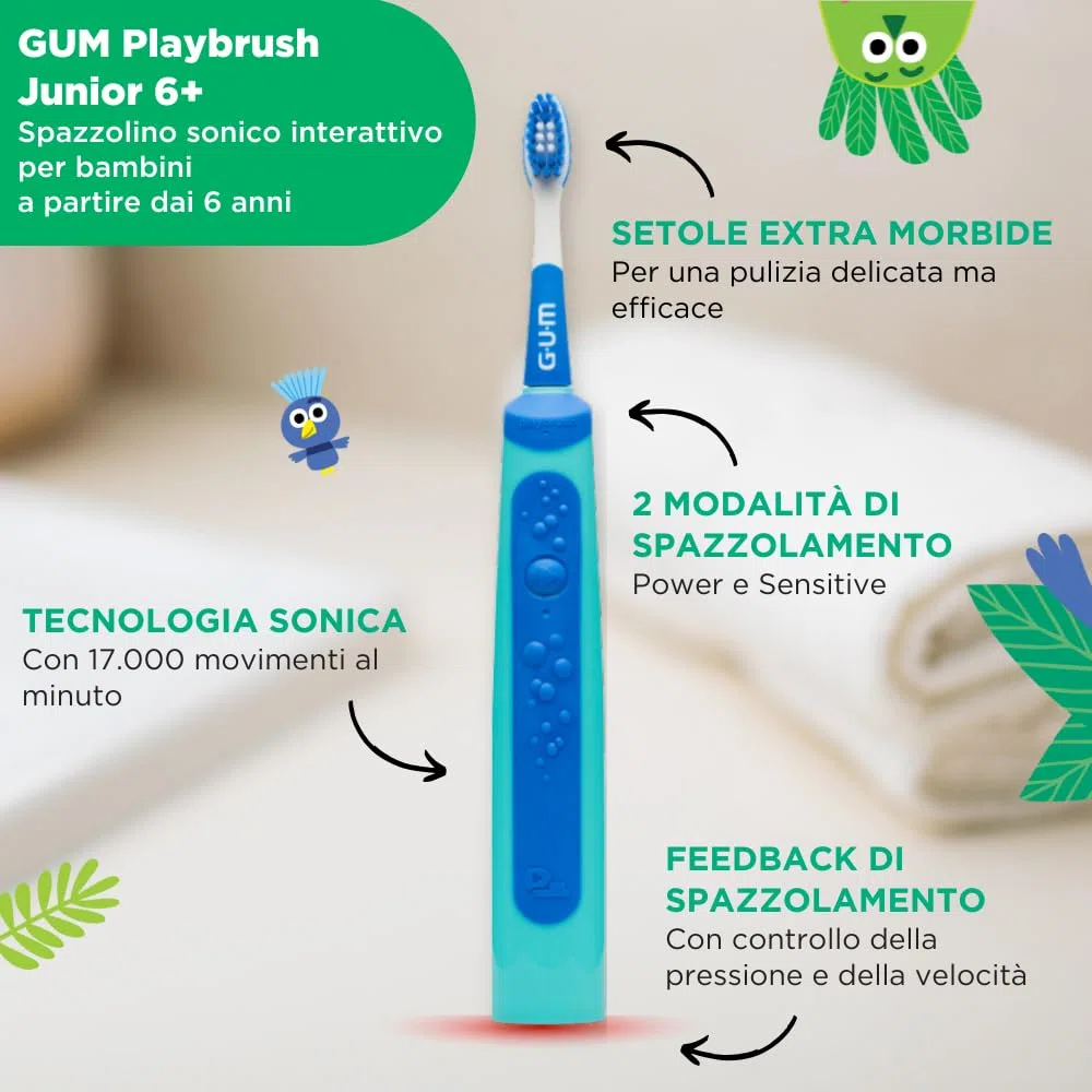 GUM Playbrush JUNIOR 6+ spazzolino elettrico | app di gioco interattiva | 2 modalità di spazzolamento | setole extra morbide | batteria a 8 settimane | 1x spazzolino sonico | 2 testine extra | Blu