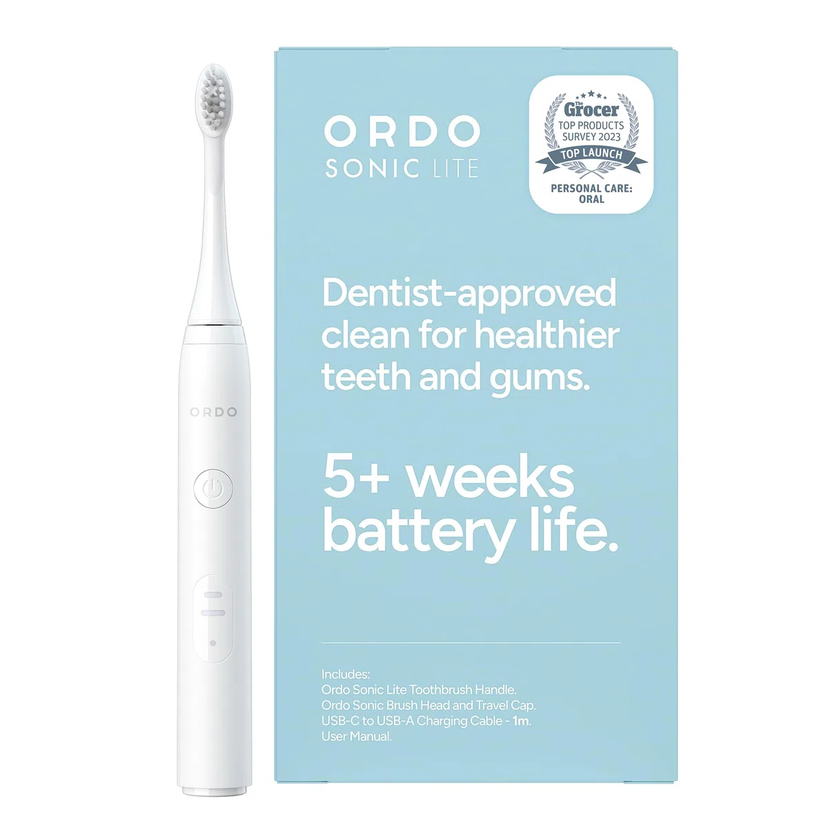 Ordo Lite Sonic Spazzolino da denti elettrico con 35.000 impulsi al min, doppia modalità, batteria oltre 5 settimane, timer intelligente, impermeabile, USB C, neve