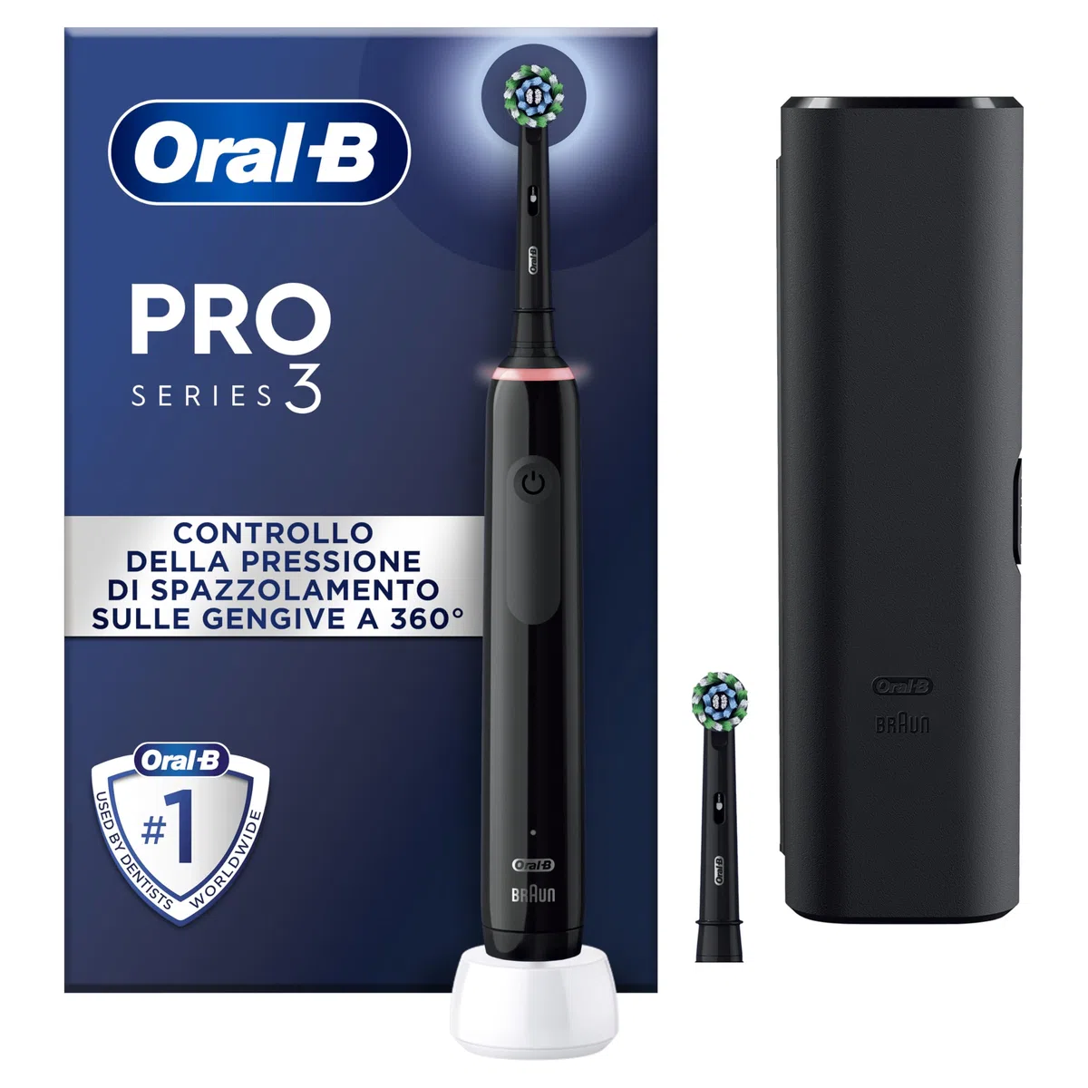Oral-B Pro Series 3 Spazzolino Elettrico, 2 Testina di Ricambio, Nero - 2 Testine di Ricambio per Spazzolino Elettrico, Custodia da Viaggio, Gengive Protette, Pulizia Denti Efficace
