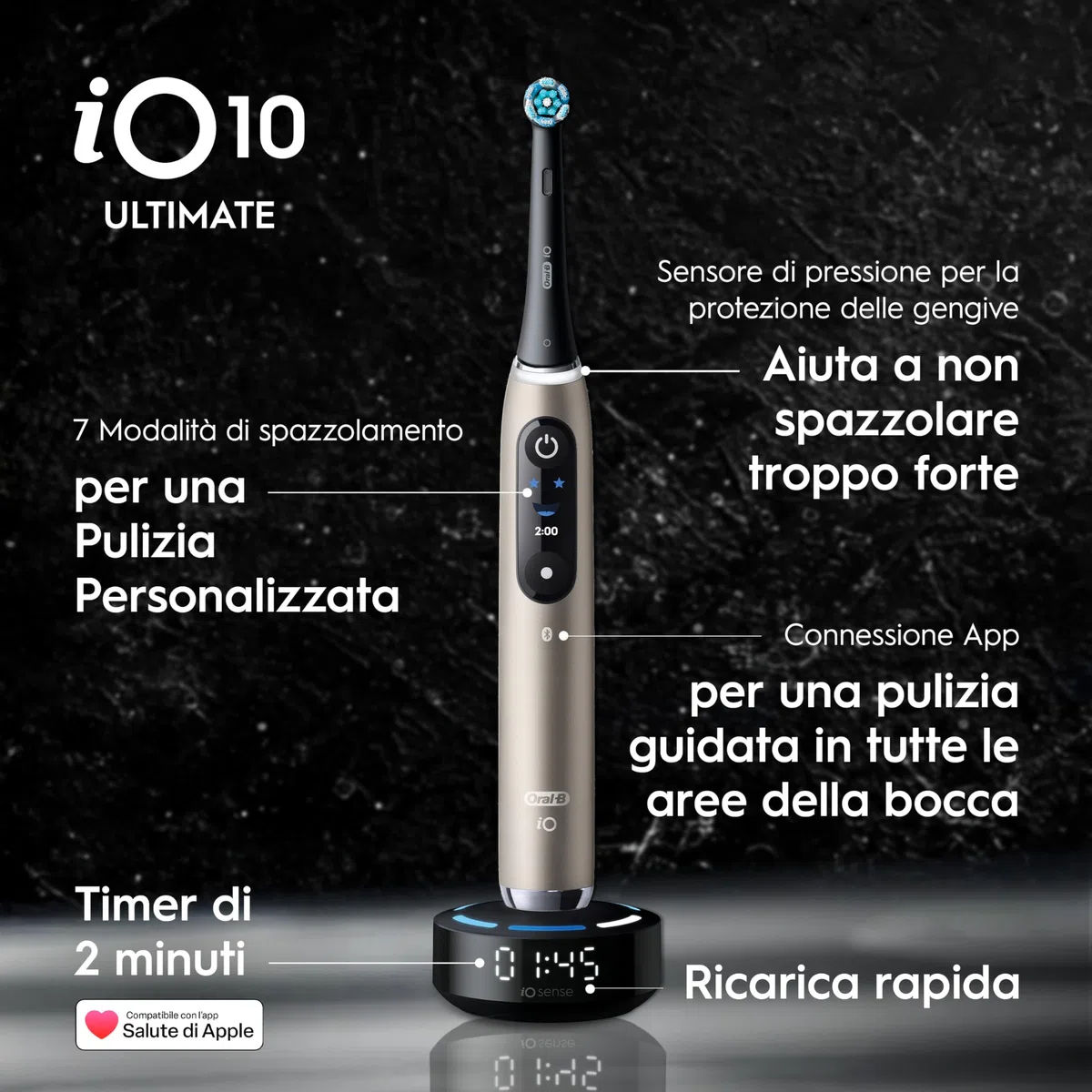 Oral-B iO 10 Spazzolino Elettrico, Testina di Ricambio, Custodia, Lunar Gold - Testina di Ricambio per Spazzolino Elettrico, Ricaricabile, Caricatore Magnetico, Custodia da Viaggio, Pulizia Denti