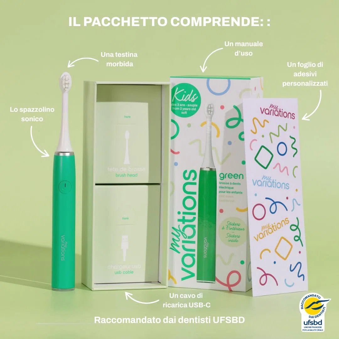 My Variations ® - Spazzolino da denti elettrico per bambini - Tecnologia sonica - 1 mese di autonomia - Ricaricabile - Consigliato dai dentisti - 2 modalità - Timer 2 min integrato - 3-12 anni - Verde