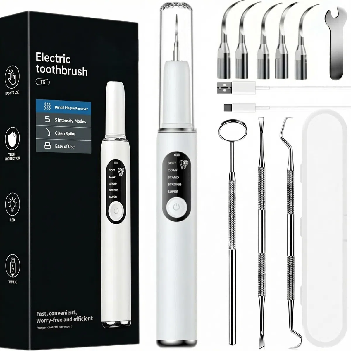 Kit Pulizia Denti Tartaro，Spazzolino Elettrico Ultrasuoni Intelligente con 5 Modalità Per Rimozione Placca e Macchie con 5 testine intercambiabili e Luci LED per Pulizia Tartaro Uso Quotidiano a Casa