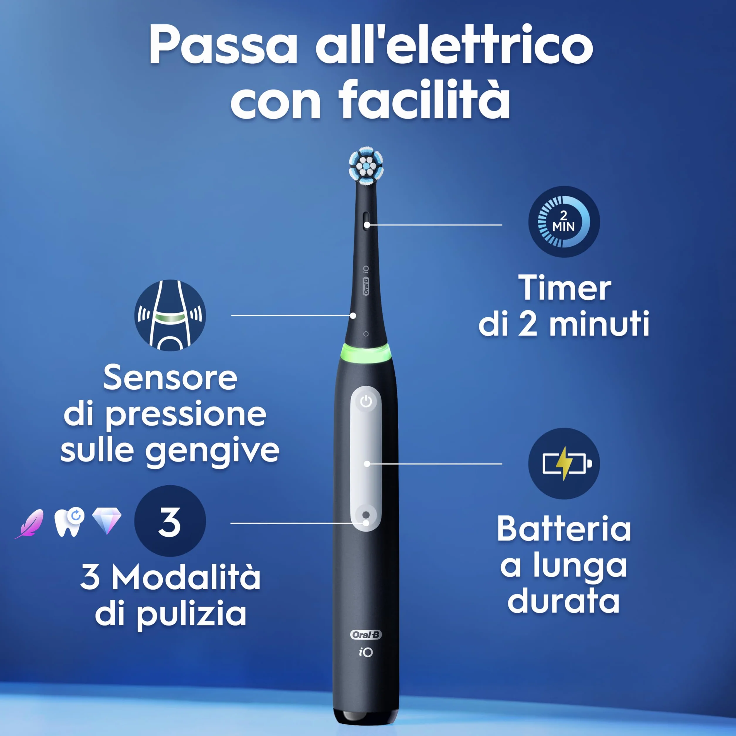 Oral-B iO 3 Spazzolino Elettrico, 1 Testina di Ricambio, Custodia, Nero - 1 Testine di Ricambio per Spazzolino Elettrico, Ricaricabile, Custodia Viaggio + 1 Dentifricio Advanced Protezione Sensibilità