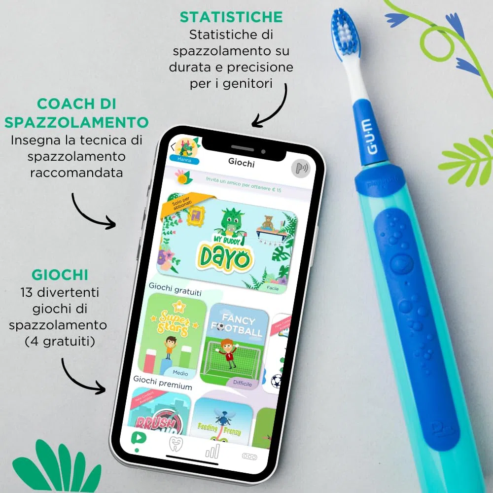GUM Playbrush JUNIOR 6+ spazzolino elettrico | app di gioco interattiva | 2 modalità di spazzolamento | setole extra morbide | batteria a 8 settimane | 1x spazzolino sonico | 2 testine extra | Blu