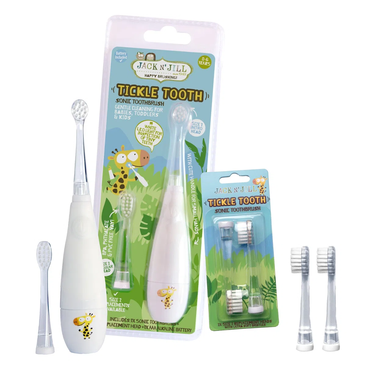 Jack N' Jill Tickle Tooth Spazzolino elettrico sonico per bambini, neonati e bambini con testa di ricambio, confezione da 2