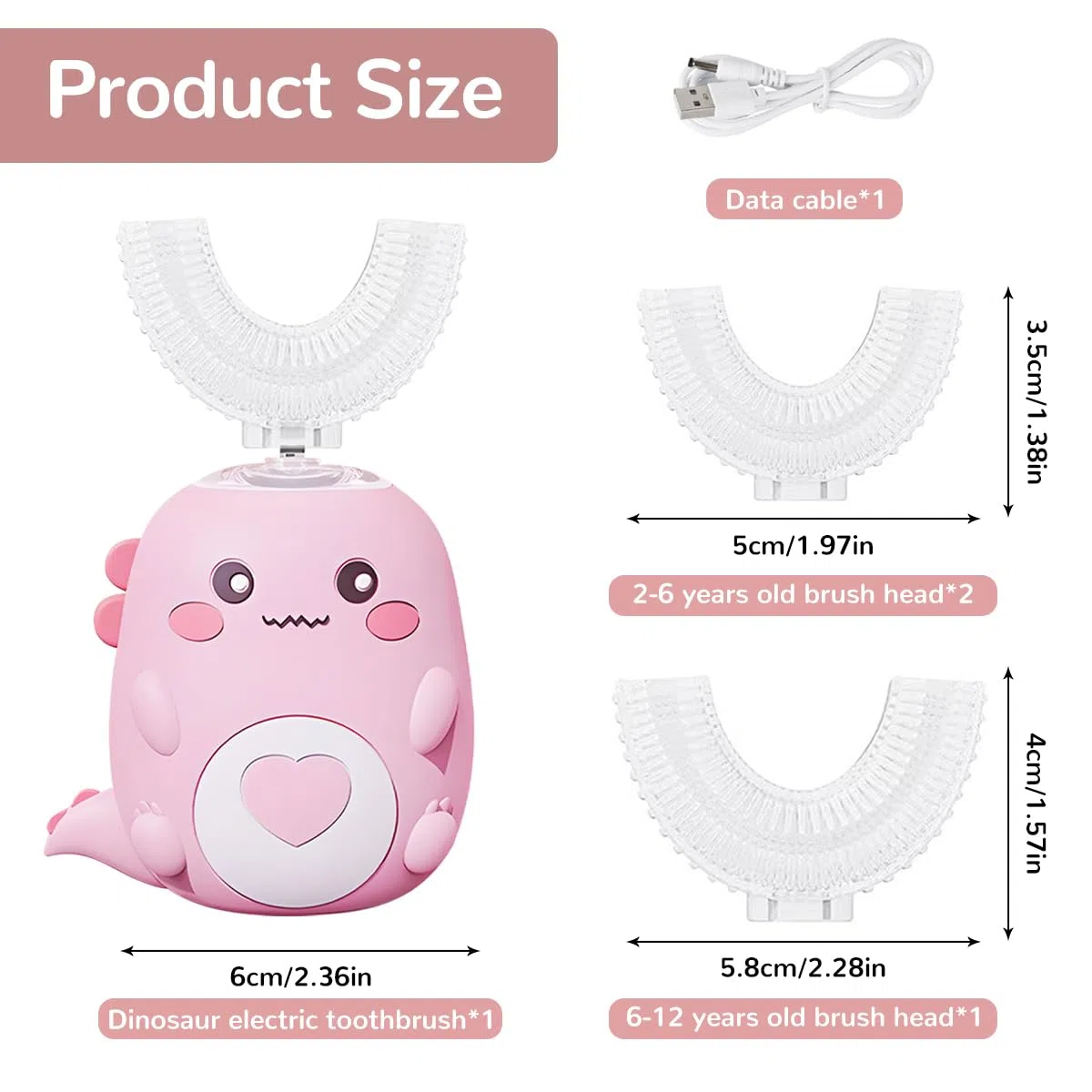 Spazzolino Elettrico Per Bambini A 360º, On 2 Testine In Silicone A Forma Di U, Luce Effetto Dinosauro, Per Bambini E Bambine Dai 2 Ai 8 Anni (Rosa)