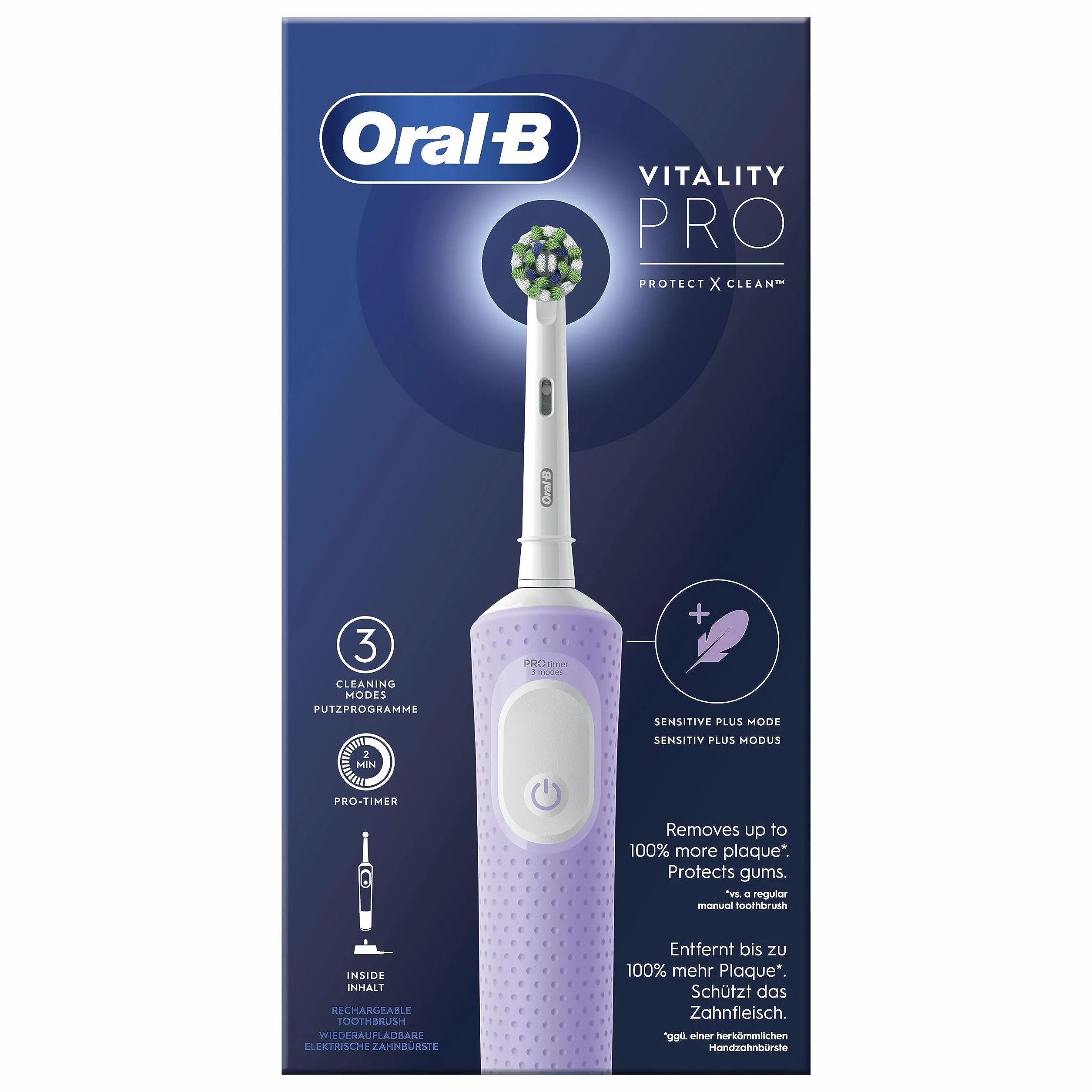 Oral-B Spazzolino Elettrico Ricaricabile Vitality Pro, 3 Modalità di Spazzolamento, Batteria a Lunga Durata, 1 Testina e 1 Spazzolino, Viola, Idea Regalo
