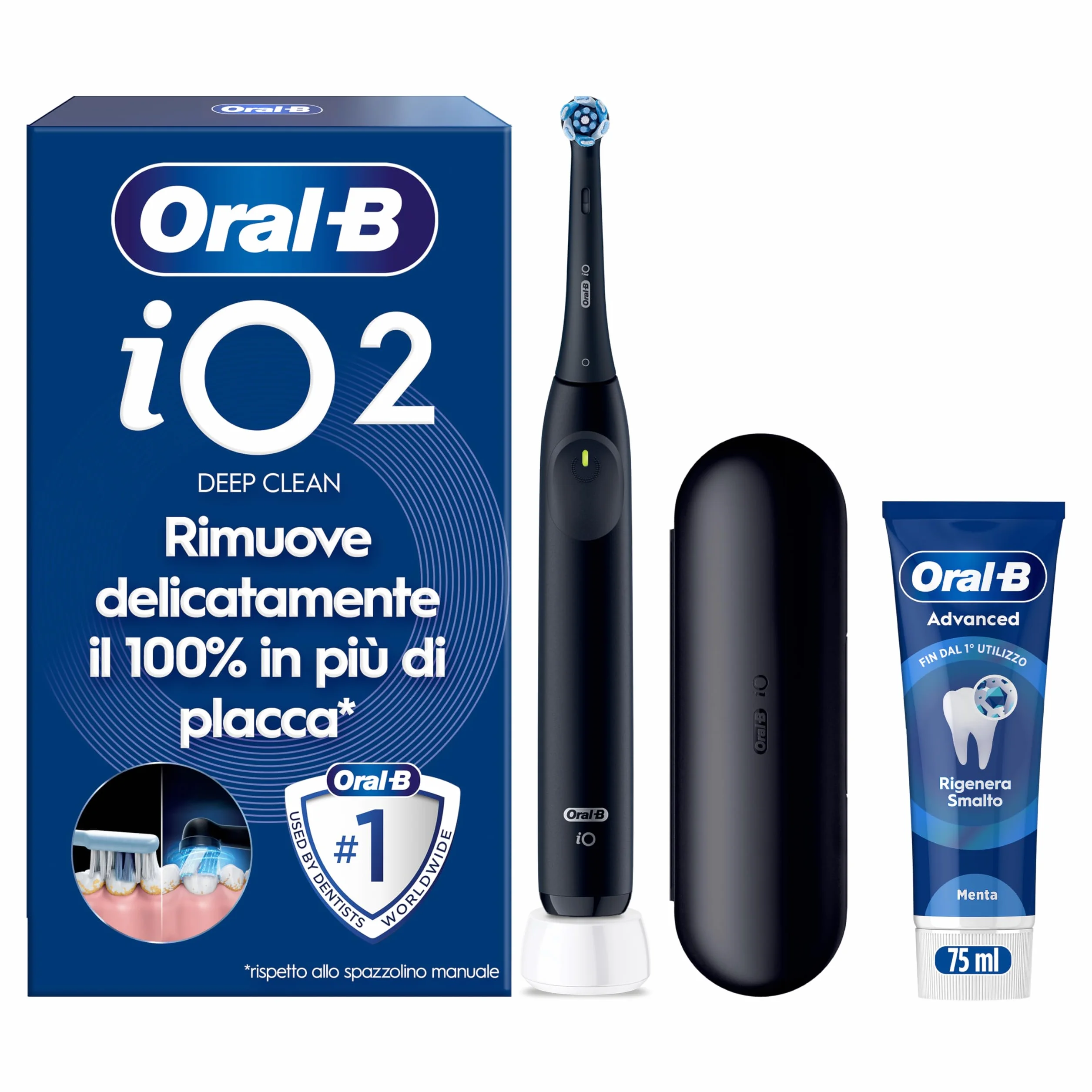 Oral-B iO 2 Spazzolino Elettrico Nero, 1 Testina Di Ricambio per Spazzolino Elettrico, Caricatore, Custodia Da Viaggio + 1 Dentifricio Oral B Advanced Rigenera Smalto, Pulizia Denti Efficace