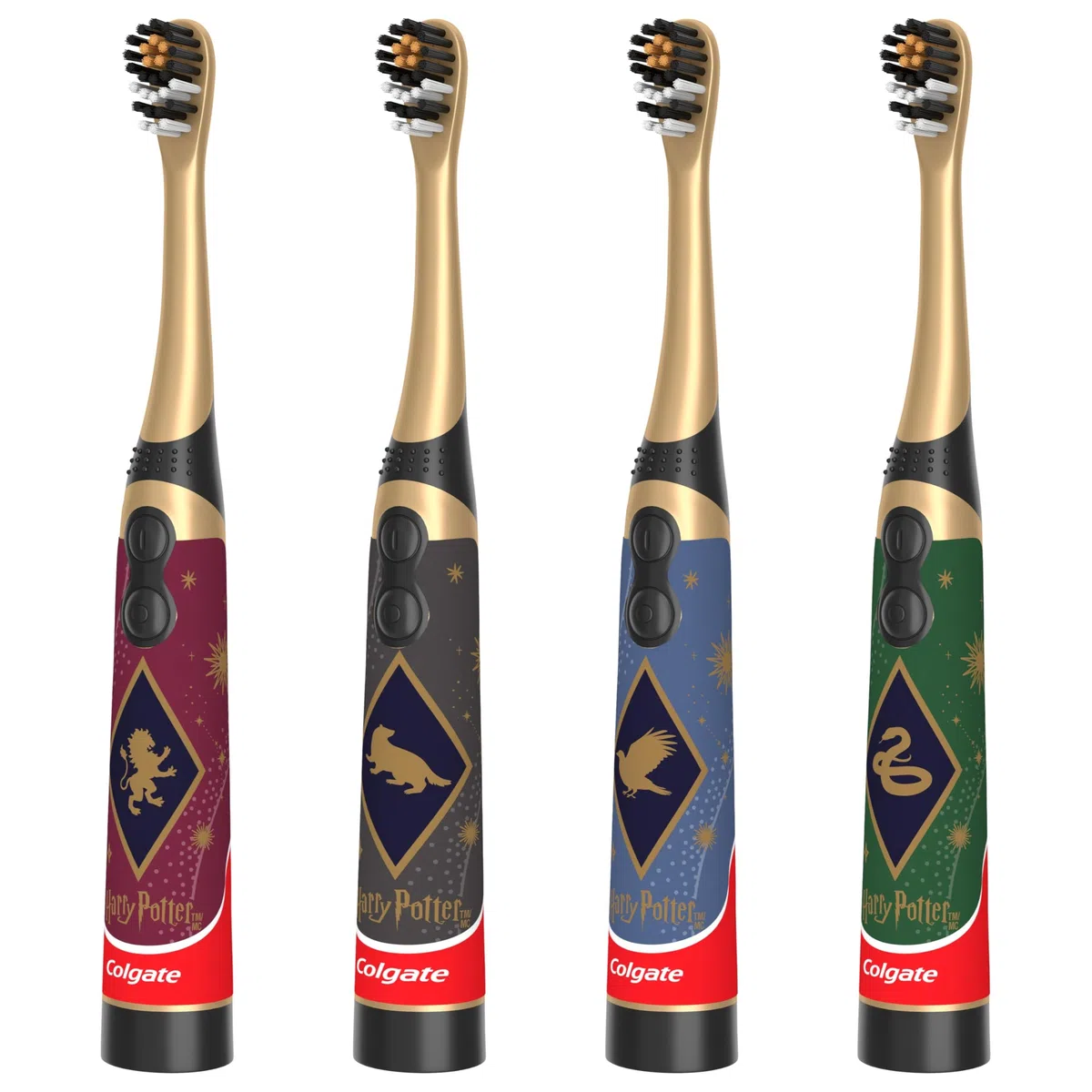 Colgate Harry Potter - Spazzolino da denti vibrante per bambini a batteria, extra morbido, batterie AA incluse, confezione da 4, per streghe e maghi dai 3 anni in su, design piatto