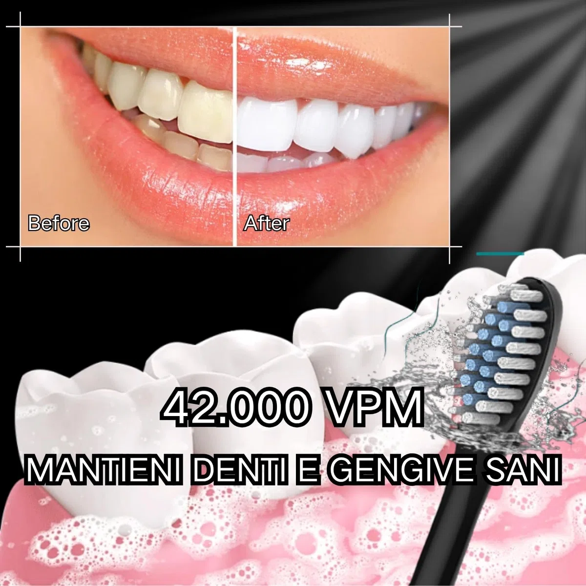 Spazzolino Elettrico Sonico per Adulti, 4 Testine 6 Modalità, Spazzolino Sonico Denti per Adulti, Spazzolini Elettrici, Spazzolino Electrico Ricarica Rapida Portatile, IPX7 Impermeabile, Nero