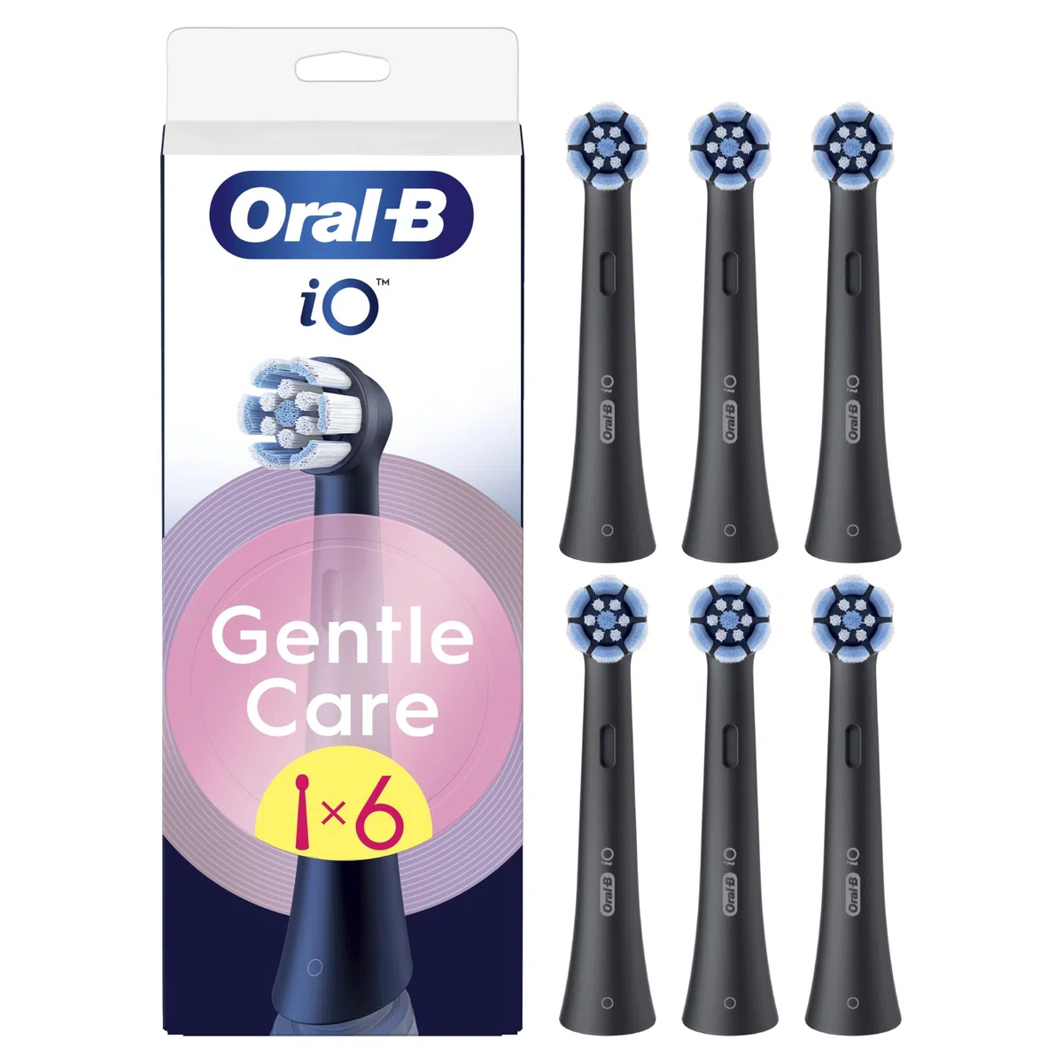 Oral-B Testine di Ricambio iO Gentle Care, Nere, 6 Ricambi - 6 Testine di Ricambio per Spazzolino Elettrico, Rotonde Originali per Gengive Sensibili, Setole Angolate per Rimuovere la Placca