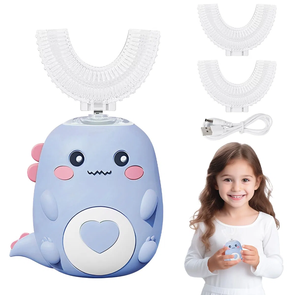 Spazzolino Elettrico Per Bambini A 360º, On 2 Testine In Silicone A Forma Di U, Luce Effetto Dinosauro, Per Bambini E Bambine Dai 2 Ai 8 Anni (Blu)