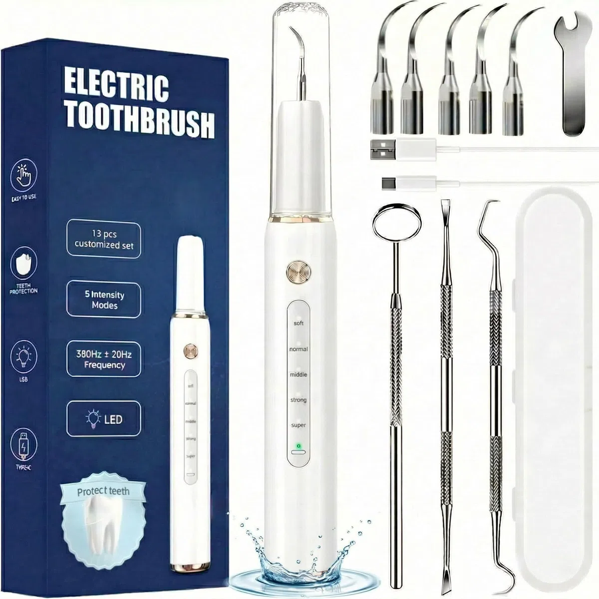 Kit Pulizia Denti Tartaro，Spazzolino Elettrico Ultrasuoni con 5 Modalità Per Rimozione Placca Macchie con 5 Testine Intercambiabili e Luci LED Set da 13 Pezzi per Pulizia Tartaro Uso Quotidiano a Casa