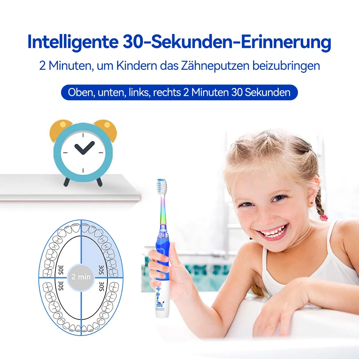 Seago Spazzolino elettrico per bambini dai 3 ai 12 anni di età, spazzolino elettrico con luce colorata, Smart Timer 8 testine morbide, impermeabile, spazzolino sonico per bambini, SG977 (blu-8)