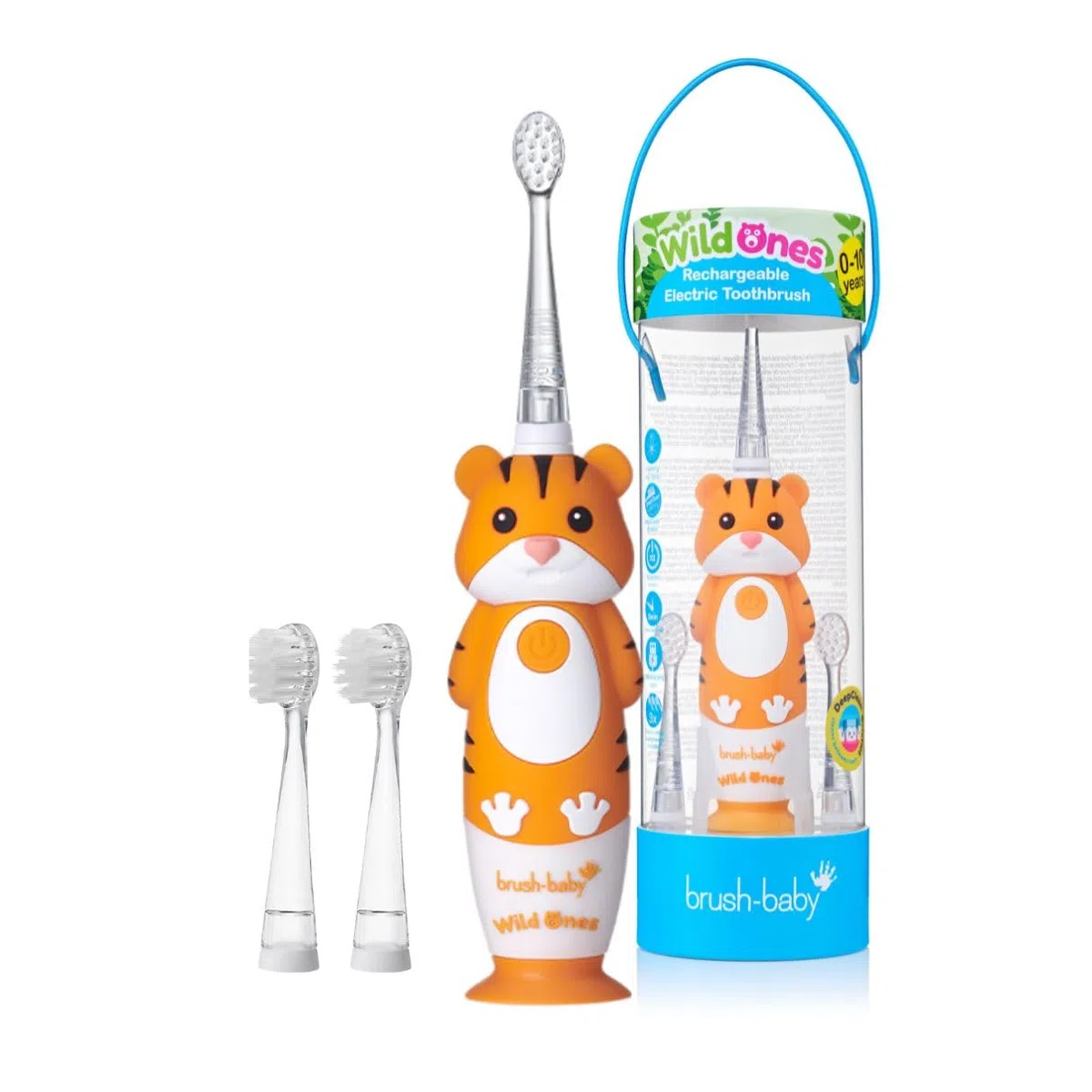 Brush-Baby WildOnes, spazzolino elettrico ricaricabile per bambini, 1 manico, testina, cavo di ricarica USB, per bambini da 0 a 10 anni (Tiger)