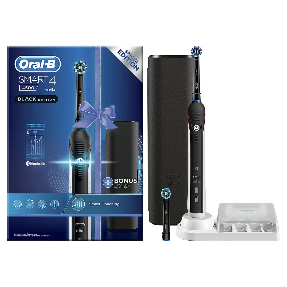 Oral-B Smart 4 4500 CrossAction Spazzolino Elettrico Ricaricabile, 1 Manico Nero Connesso, 3 Modalità Tra Cui Sbiancante e Denti Sensibili, 2 Testine, Custodia da Viaggio Premium