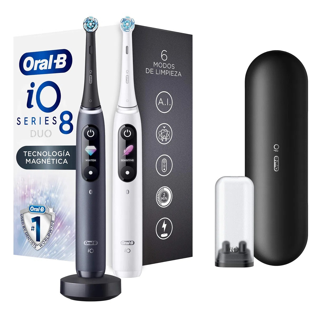 Oral-B iO 8 - Spazzolino elettrico ricaricabile, manico bianco e nero, con tecnologia magnetica rinnovabile, display a colori, 2 spazzolini, 1 custodia da viaggio Premium