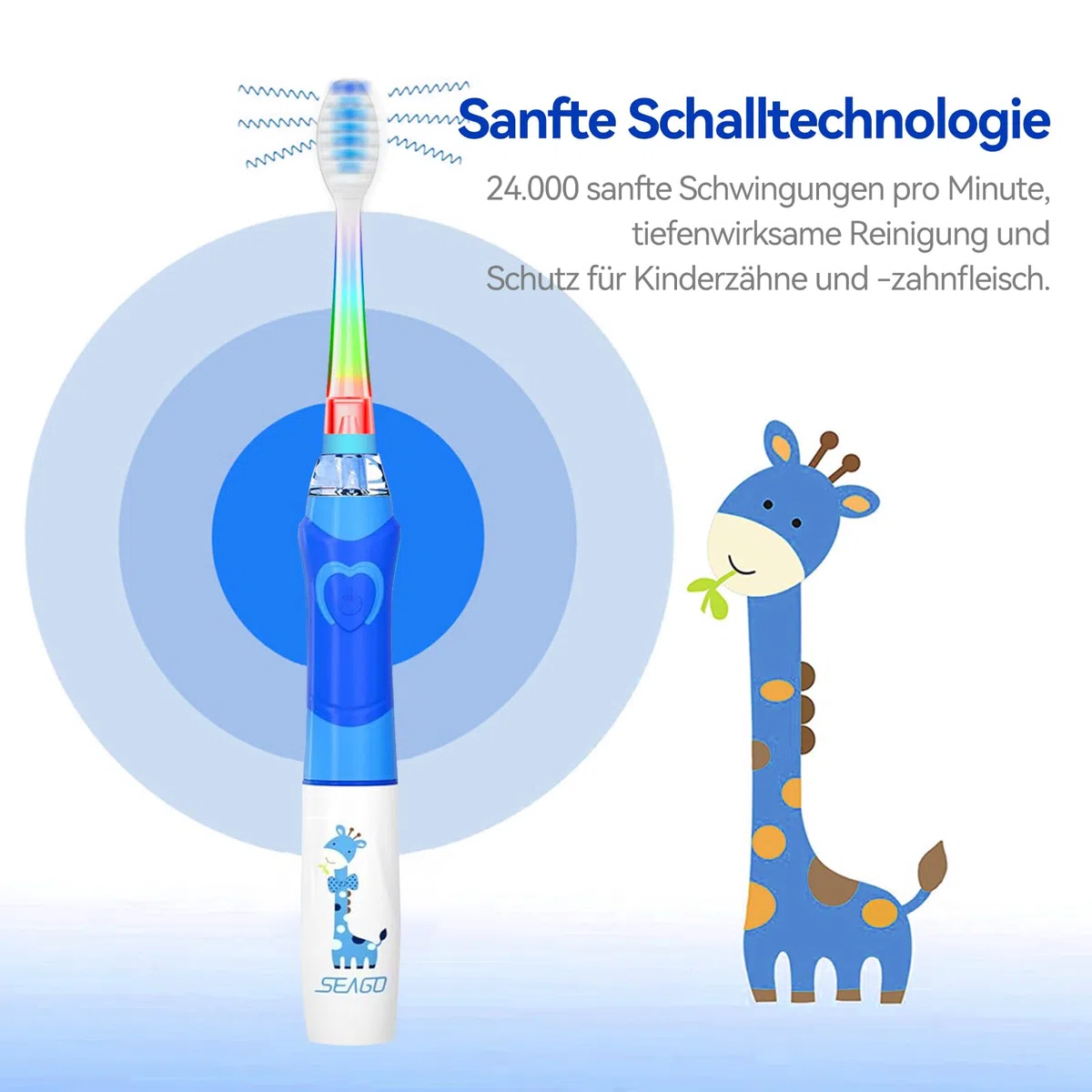 Seago Spazzolino elettrico per bambini dai 3 ai 12 anni di età, spazzolino elettrico con luce colorata, Smart Timer 8 testine morbide, impermeabile, spazzolino sonico per bambini, SG977 (blu-8)