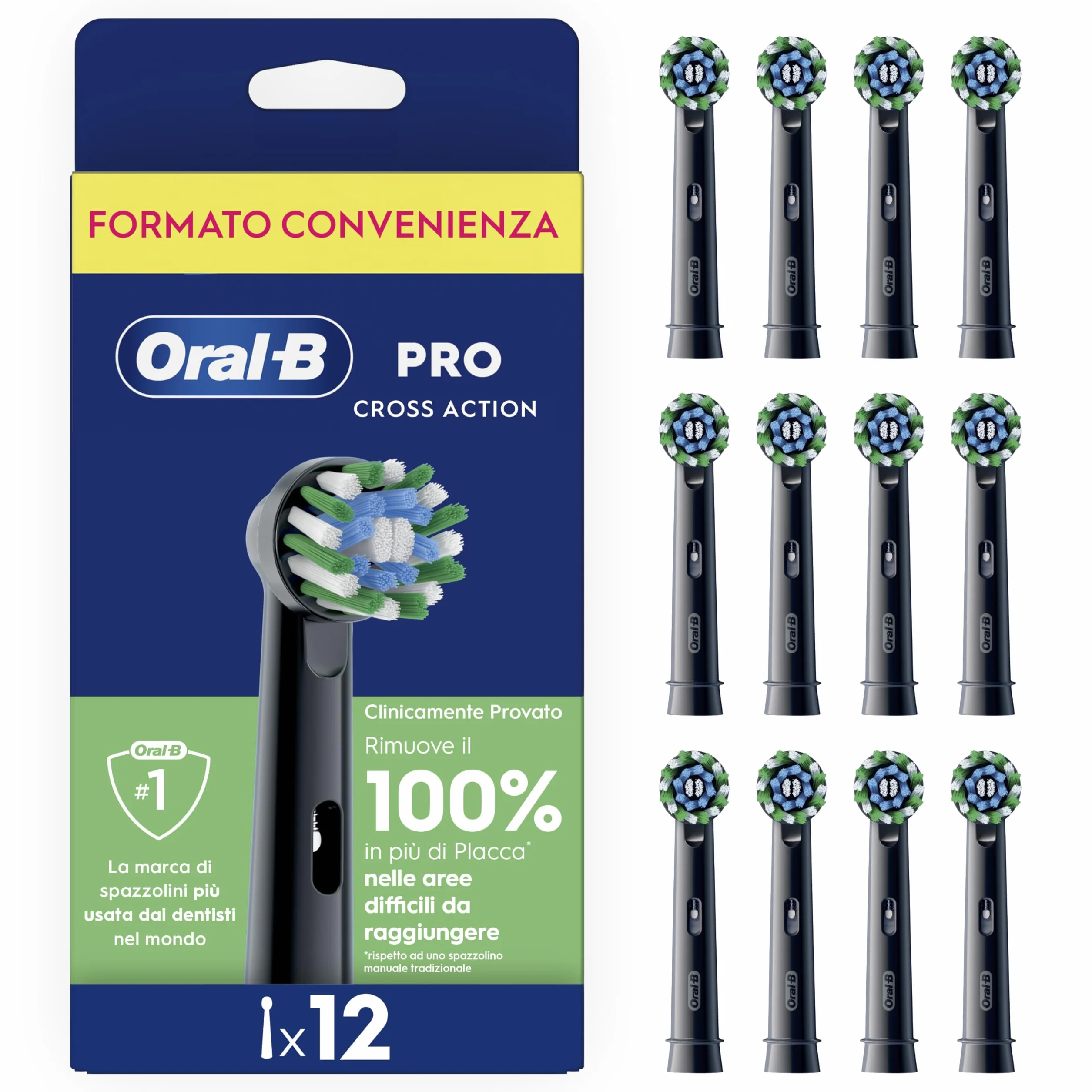 Oral-B Testina Di Ricambio PRO Cross Action Nera, Confezione Da 12 Testine