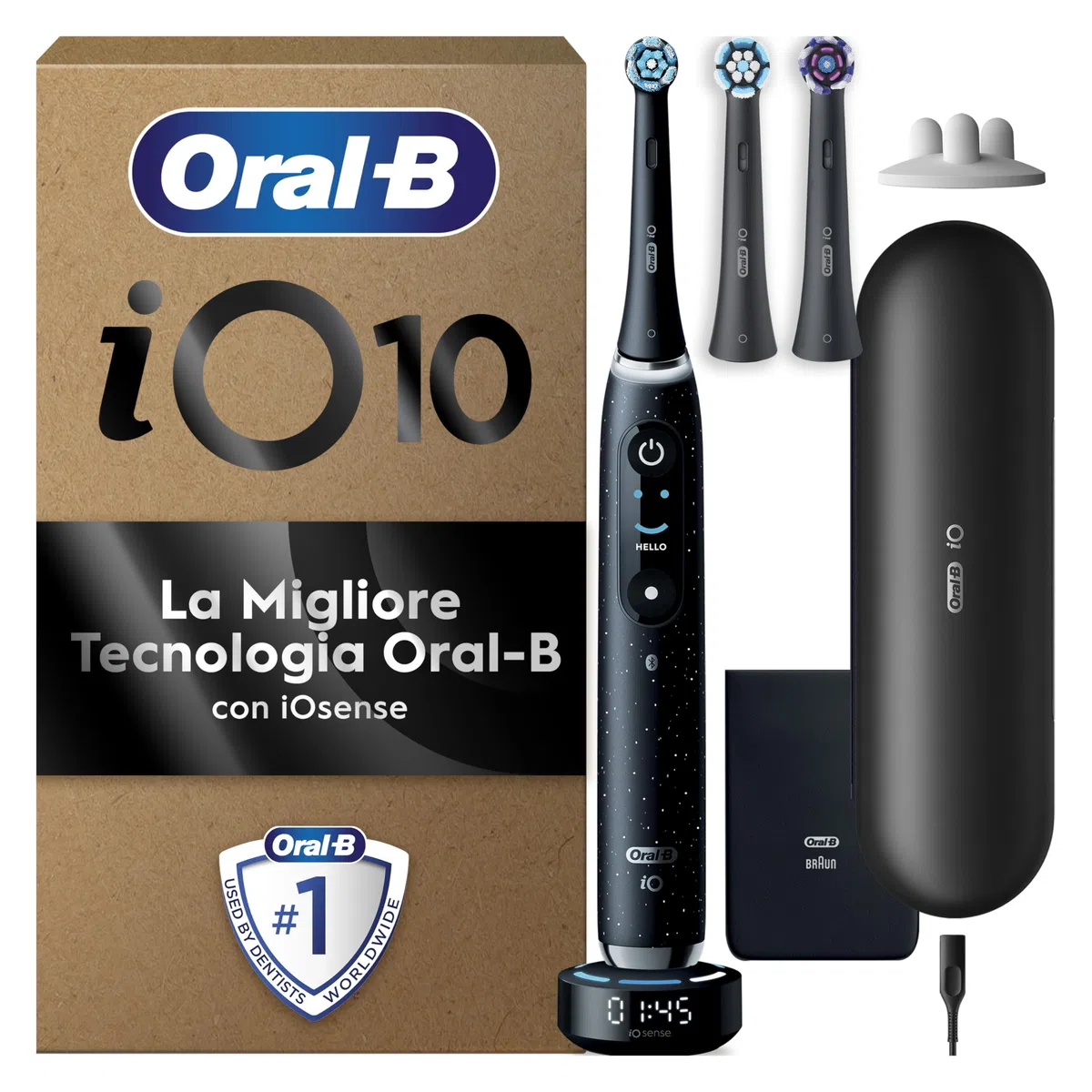 Oral-B Spazzolino Elettrico Ricaricabile iO 10 Nero, 3 Testine Oral B, Spazzolino Elettrico, 1 Custodia Da Viaggio Ricaricabile, Pulizia Denti Efficace