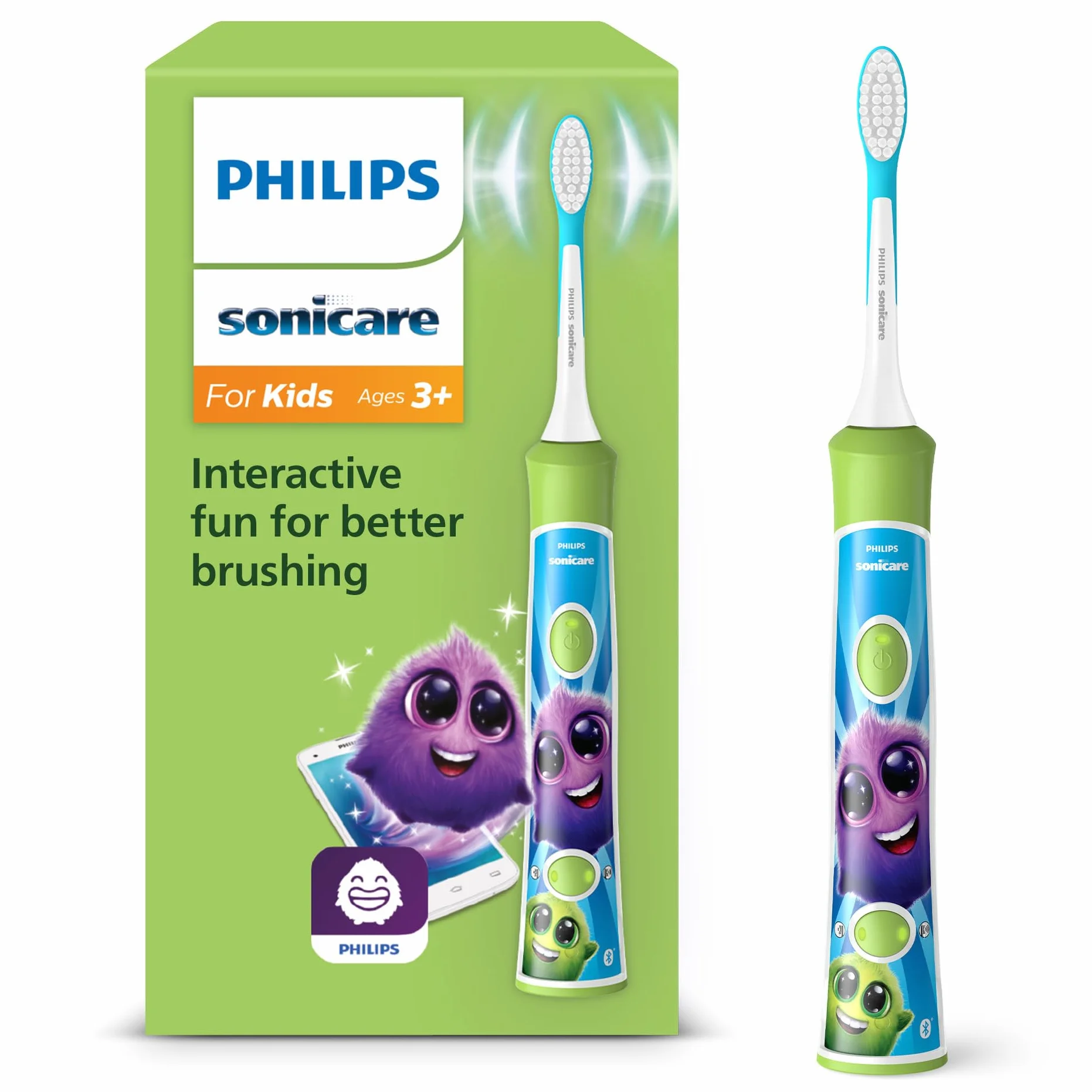 Philips Sonicare For Kids - Spazzolino elettrico sonico con app, studiato per bambini dai 3 anni in su, con SmarTimer e QuadPacer per una pulizia profonda, verde, modello HX6352/11