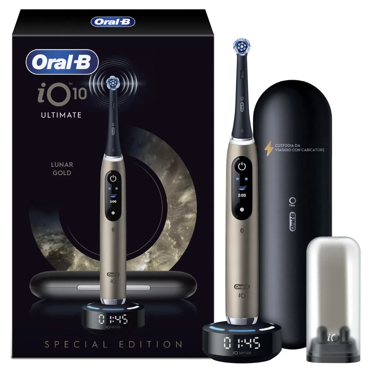 Oral-B iO 10 Spazzolino Elettrico, Testina di Ricambio, Custodia, Lunar Gold - Testina di Ricambio per Spazzolino Elettrico, Ricaricabile, Caricatore Magnetico, Custodia da Viaggio, Pulizia Denti